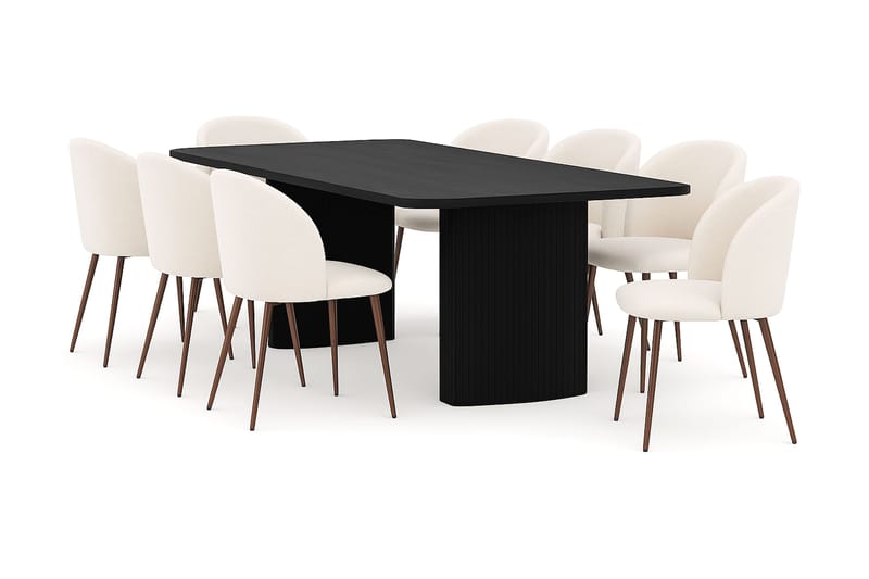 Kopparbo Spisebord 200-260 cm Udtræksbord med 8 Greya Spisestole med armlæn, Sort / Hvid Bouclé / Metalben Valnød