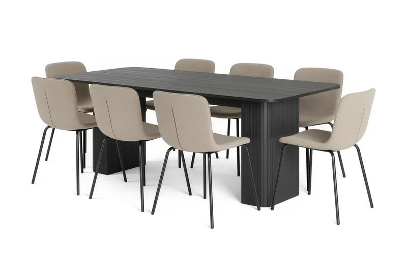 Kopparbo Spisebord 200-260 cm Udtræksbord med 8 Katy Spisestole, Sort / Greige Bouclé / Metalben Sort