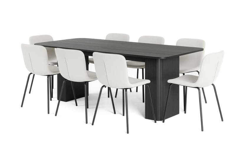 Kopparbo Spisebord 200-260 cm Udtræksbord med 8 Katy Spisestole, Sort / Hvid Bouclé / Metalben Sort
