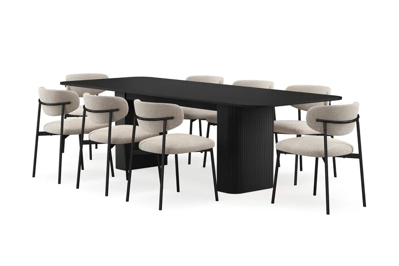 Kopparbo Spisebord 200-260 cm Udtræksbord med 8 Lucy Spisestole, Sort / Greige Bouclé / Metalben Sort