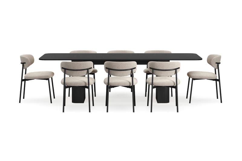 Kopparbo Spisebord 200-260 cm Udtræksbord med 8 Lucy Spisestole - Sort / Greige Bouclé / Metalben Sort - Møbler - Borde - Spisebordssæt