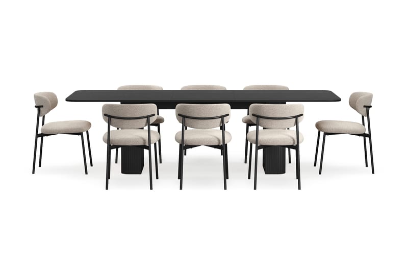 Kopparbo Spisebord 200-260 cm Udtræksbord med 8 Lucy Spisestole - Sort / Greige Bouclé / Metalben Sort - Møbler - Borde - Spisebordssæt