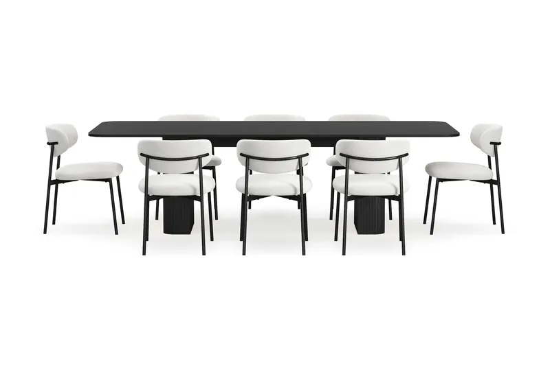 Kopparbo Spisebord 200-260 cm Udtræksbord med 8 Lucy Spisestole - Sort / Hvid Bouclé / Metalben Sort - Møbler - Borde - Spisebordssæt