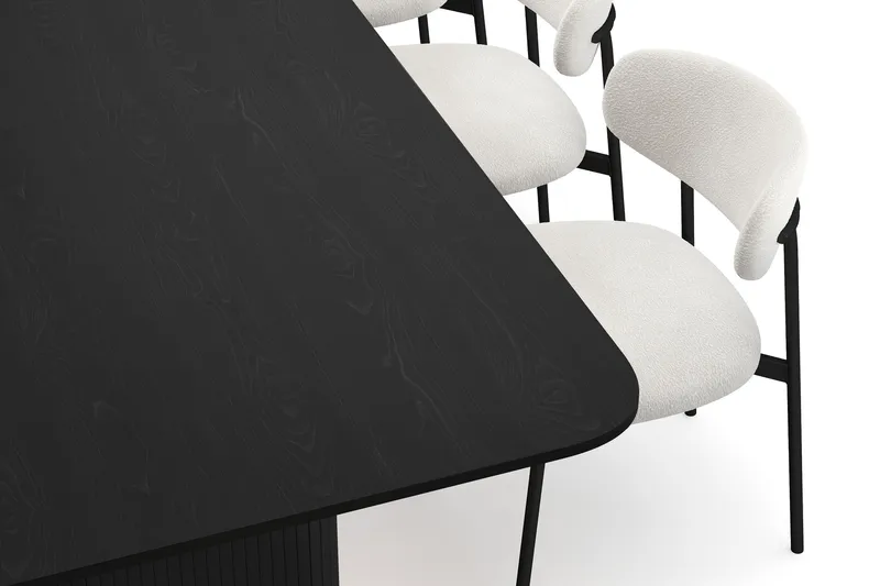 Kopparbo Spisebord 200-260 cm Udtræksbord med 8 Lucy Spisestole - Sort / Hvid Bouclé / Metalben Sort - Møbler - Borde - Spisebordssæt