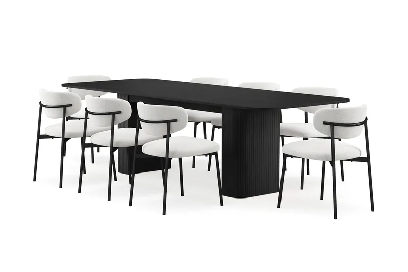 Kopparbo Spisebord 200-260 cm Udtræksbord med 8 Lucy Spisestole, Sort / Hvid Bouclé / Metalben Sort