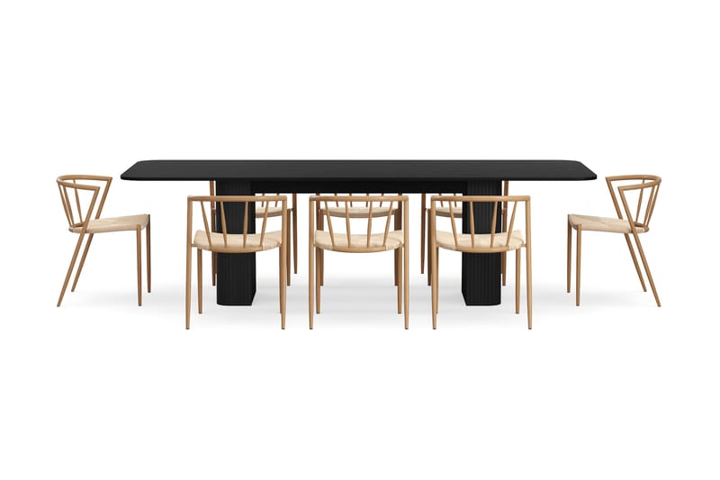 Kopparbo Spisebord 200-260 cm Udtræksbord med 8 Winston Spisestole - Sort / Beige / Metalben Eg - Møbler - Borde - Spisebordssæt