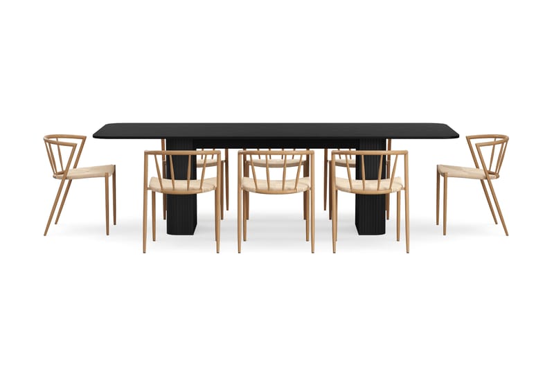 Kopparbo Spisebord 200-260 cm Udtræksbord med 8 Winston Spisestole - Sort / Beige / Metalben Eg - Møbler - Borde - Spisebordssæt