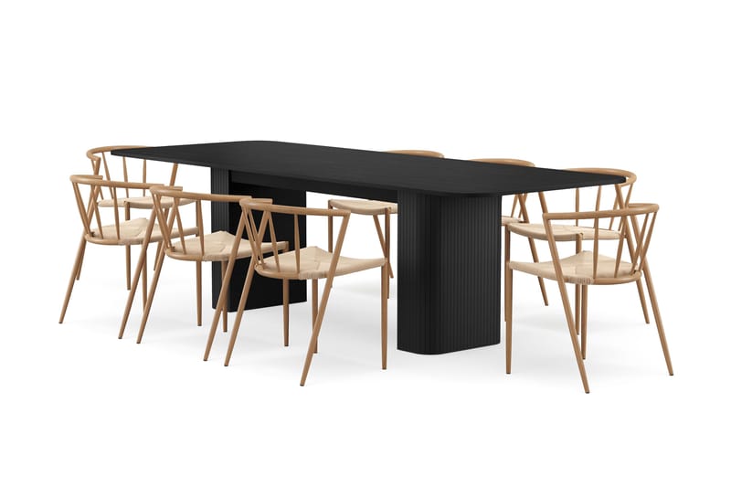 Kopparbo Spisebord 200-260 cm Udtræksbord med 8 Winston Spisestole, Sort / Beige / Metalben Eg
