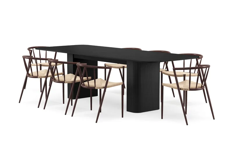 Kopparbo Spisebord 200-260 cm Udtræksbord med 8 Winston Spisestole, Sort / Beige / Metalben Røget eg