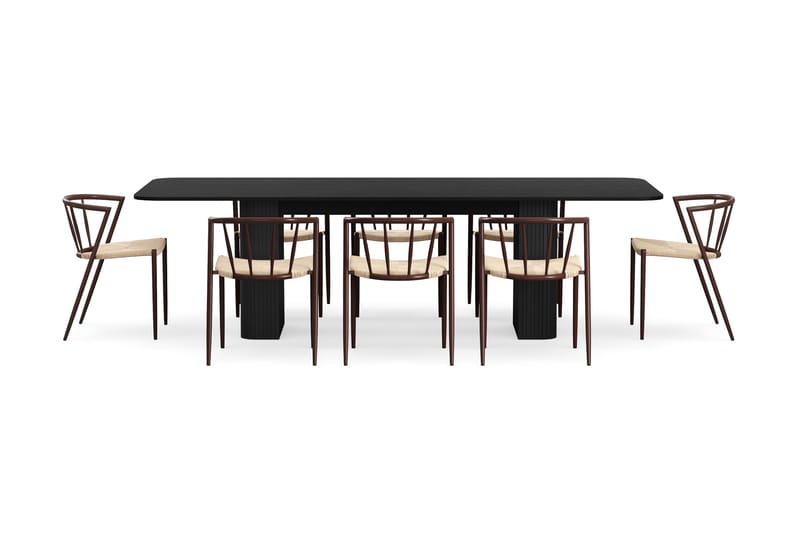 Kopparbo Spisebord 200-260 cm Udtræksbord med 8 Winston Spisestole - Sort / Beige / Metalben Røget eg - Møbler - Borde - Spisebordssæt