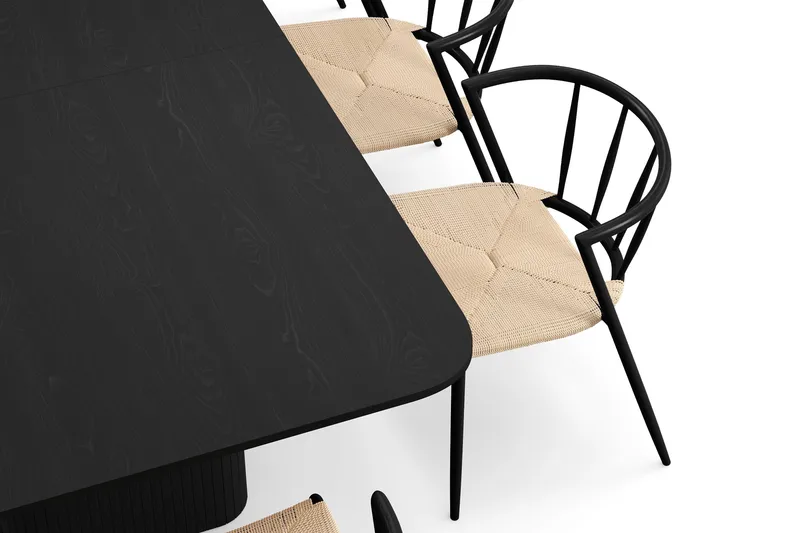 Kopparbo Spisebord 200-260 cm Udtræksbord med 8 Winston Spisestole - Sort / Beige / Metalben Sort - Møbler - Borde - Spisebordssæt