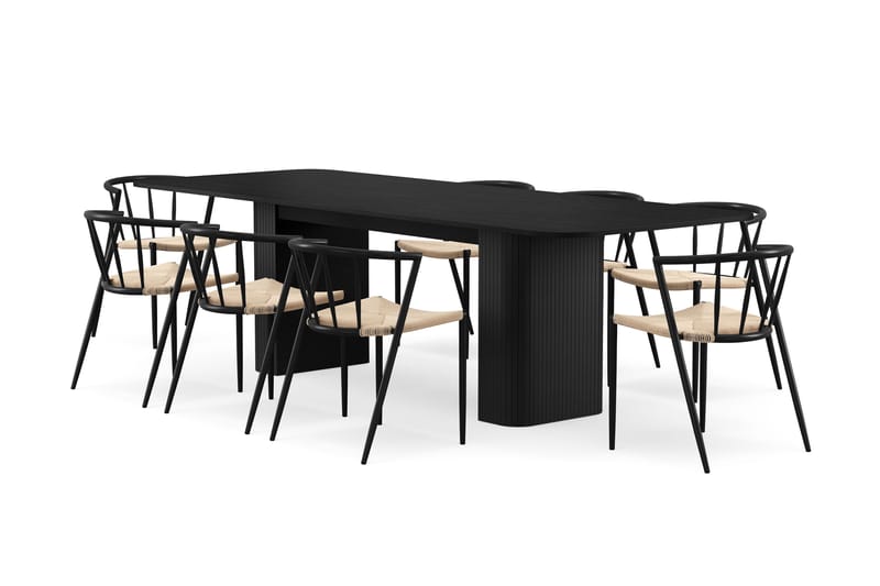 Kopparbo Spisebord 200-260 cm Udtræksbord med 8 Winston Spisestole, Sort / Beige / Metalben Sort