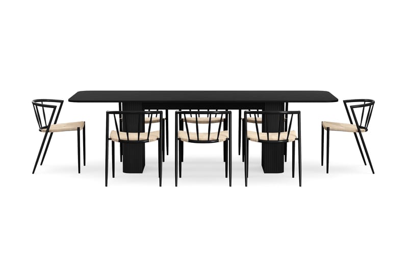Kopparbo Spisebord 200-260 cm Udtræksbord med 8 Winston Spisestole - Sort / Beige / Metalben Sort - Møbler - Borde - Spisebordssæt