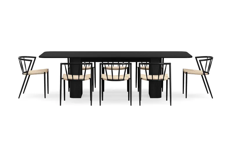 Kopparbo Spisebord 200-260 cm Udtræksbord med 8 Winston Spisestole - Sort / Beige / Metalben Sort - Møbler - Borde - Spisebordssæt