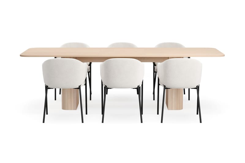 Kopparbo Spisebord 200-260 cm Udtræksbord med tillægsplade med 6 Filip Spisestole - Hvid / Hvid Bouclé - Møbler - Borde - Spisebordssæt