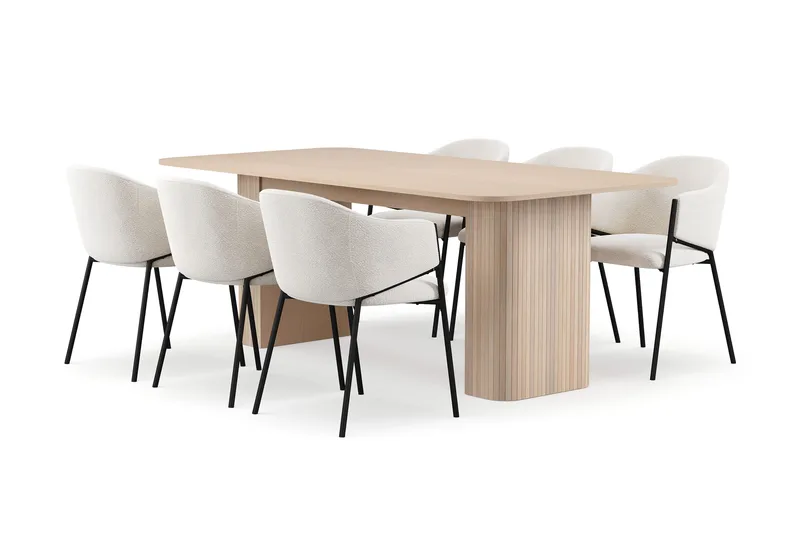 Kopparbo Spisebord 200-260 cm Udtræksbord med tillægsplade med 6 Filip Spisestole, Hvid / Hvid Bouclé