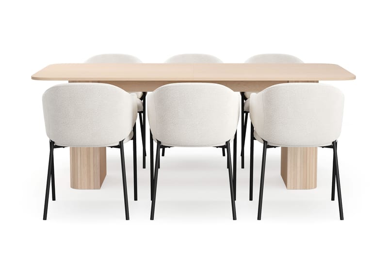 Kopparbo Spisebord 200-260 cm Udtræksbord med tillægsplade med 6 Filip Spisestole - Hvid / Hvid Bouclé - Møbler - Borde - Spisebordssæt