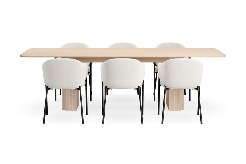Kopparbo Spisebord 200-260 cm Udtræksbord med tillægsplade med 6 Filip Spisestole - Hvid / Hvid Bouclé - Møbler - Borde - Spisebordssæt