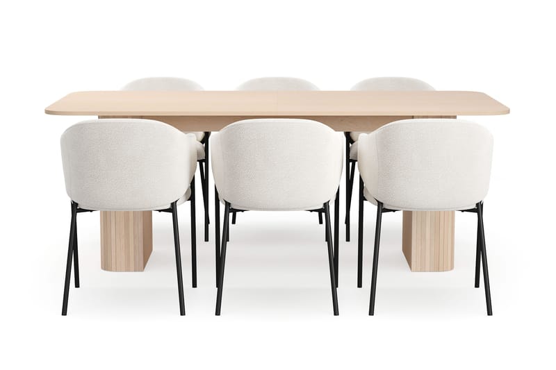 Kopparbo Spisebord 200-260 cm Udtræksbord med tillægsplade med 6 Filip Spisestole - Hvid / Hvid Bouclé - Møbler - Borde - Spisebordssæt