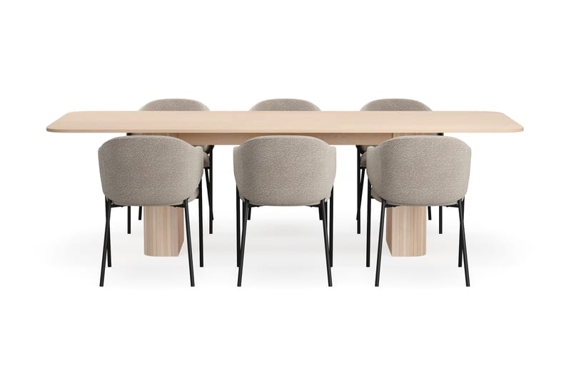 Kopparbo Spisebord 200-260 cm Udtræksbord med tillægsplade med 6 Filip Spisestole - Hvid / Taupe Bouclé - Møbler - Borde - Spisebordssæt