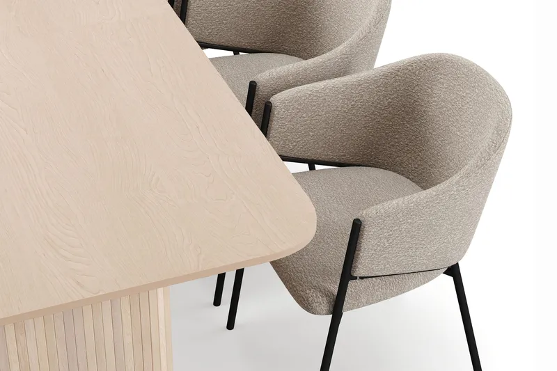 Kopparbo Spisebord 200-260 cm Udtræksbord med tillægsplade med 6 Filip Spisestole - Hvid / Taupe Bouclé - Møbler - Borde - Spisebordssæt