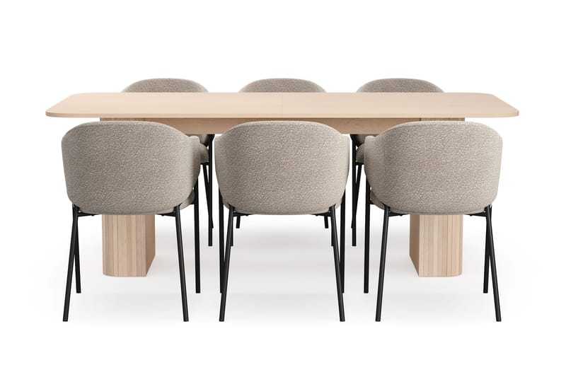 Kopparbo Spisebord 200-260 cm Udtræksbord med tillægsplade med 6 Filip Spisestole - Hvid / Taupe Bouclé - Møbler - Borde - Spisebordssæt