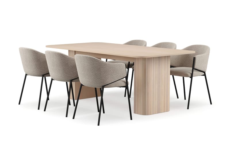 Kopparbo Spisebord 200-260 cm Udtræksbord med tillægsplade med 6 Filip Spisestole, Hvid / Taupe Bouclé