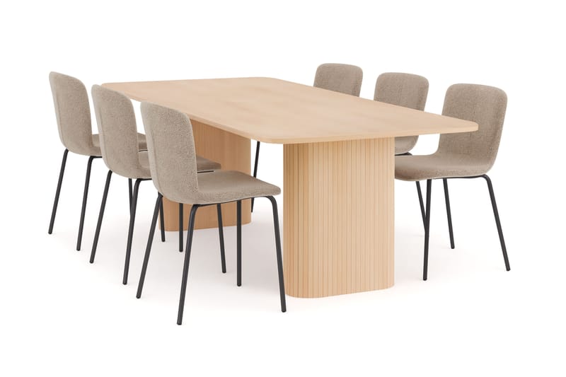 Kopparbo Spisebord 200-260 cm Udtræksbord med tillægsplade med 6 Katy Spisestole, Hvid / Greige Bouclé / Metalben Sort