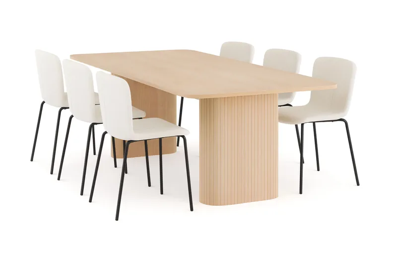 Kopparbo Spisebord 200-260 cm Udtræksbord med tillægsplade med 6 Katy Spisestole, Hvid / Hvid Bouclé / Metalben Sort