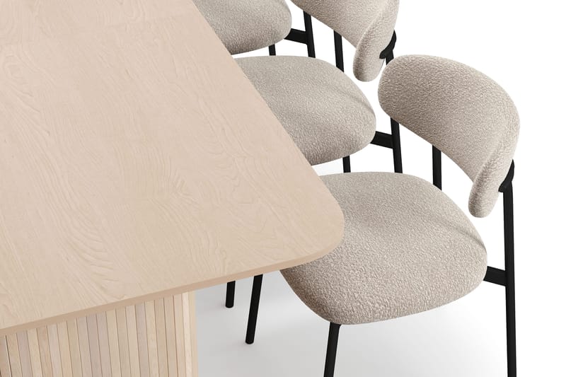 Kopparbo Spisebord 200-260 cm Udtræksbord med tillægsplade med 6 Lucy Spisestole - Hvid / Greige Bouclé / Metalben Sort - Møbler - Borde - Spisebordssæt