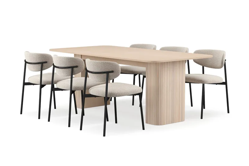 Kopparbo Spisebord 200-260 cm Udtræksbord med tillægsplade med 6 Lucy Spisestole, Hvid / Greige Bouclé / Metalben Sort