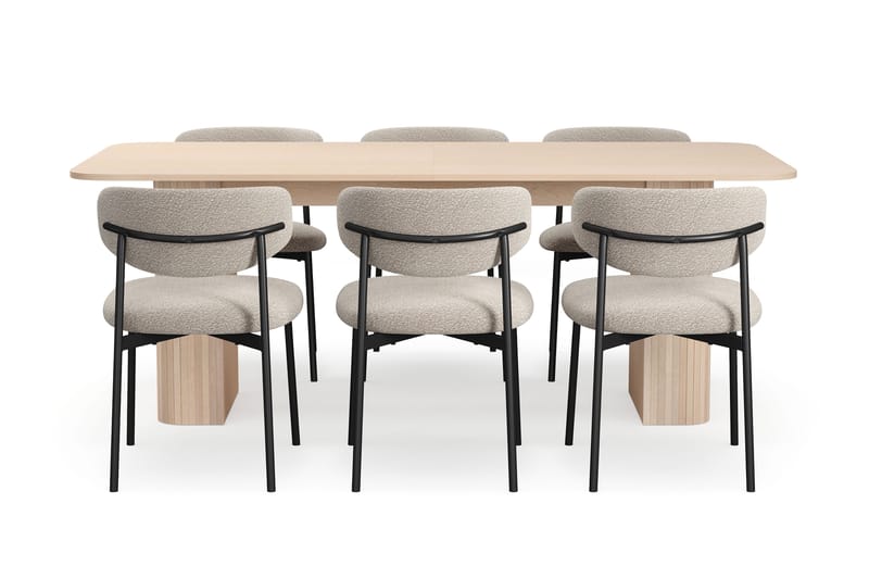 Kopparbo Spisebord 200-260 cm Udtræksbord med tillægsplade med 6 Lucy Spisestole - Hvid / Greige Bouclé / Metalben Sort - Møbler - Borde - Spisebordssæt