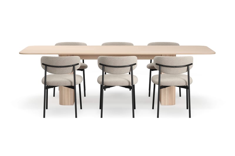 Kopparbo Spisebord 200-260 cm Udtræksbord med tillægsplade med 6 Lucy Spisestole - Hvid / Greige Bouclé / Metalben Sort - Møbler - Borde - Spisebordssæt