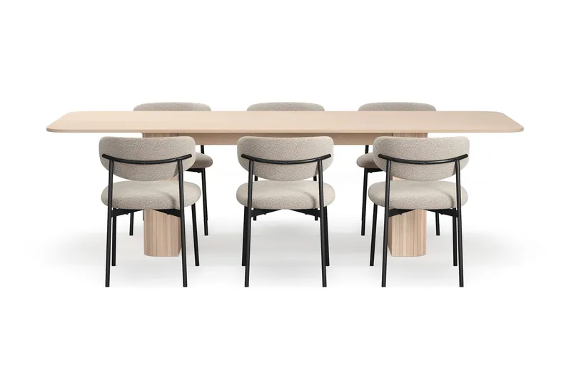 Kopparbo Spisebord 200-260 cm Udtræksbord med tillægsplade med 6 Lucy Spisestole - Hvid / Greige Bouclé / Metalben Sort - Møbler - Borde - Spisebordssæt