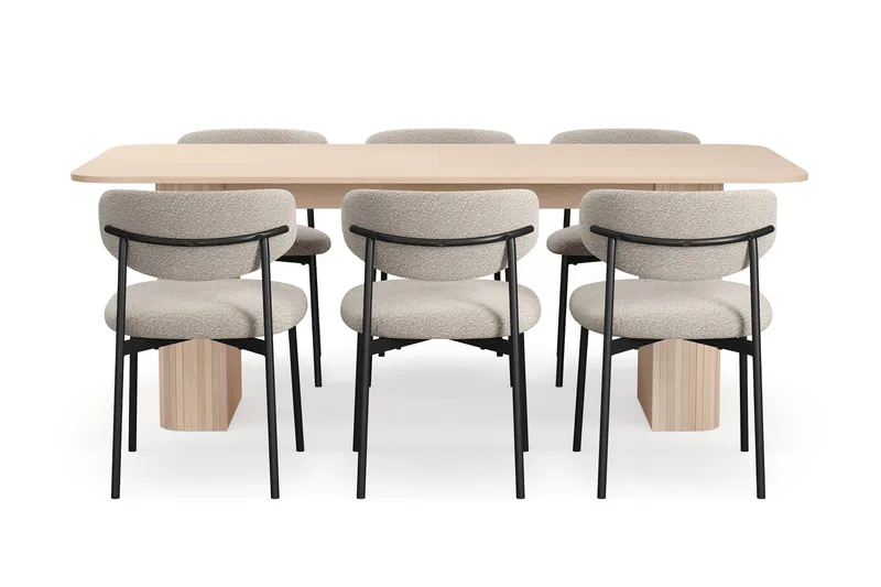 Kopparbo Spisebord 200-260 cm Udtræksbord med tillægsplade med 6 Lucy Spisestole - Hvid / Greige Bouclé / Metalben Sort - Møbler - Borde - Spisebordssæt