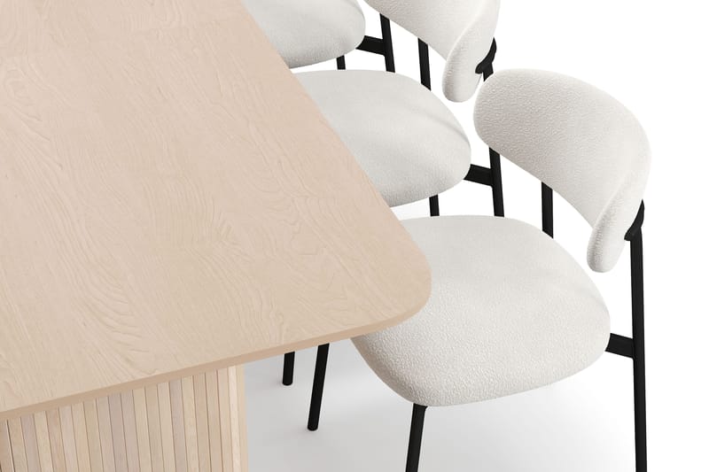 Kopparbo Spisebord 200-260 cm Udtræksbord med tillægsplade med 6 Lucy Spisestole - Hvid / Hvid Bouclé / Metalben Sort - Møbler - Borde - Spisebordssæt