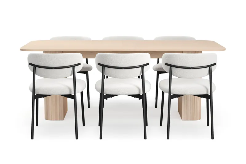 Kopparbo Spisebord 200-260 cm Udtræksbord med tillægsplade med 6 Lucy Spisestole - Hvid / Hvid Bouclé / Metalben Sort - Møbler - Borde - Spisebordssæt