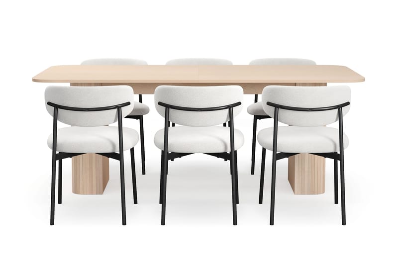 Kopparbo Spisebord 200-260 cm Udtræksbord med tillægsplade med 6 Lucy Spisestole - Hvid / Hvid Bouclé / Metalben Sort - Møbler - Borde - Spisebordssæt