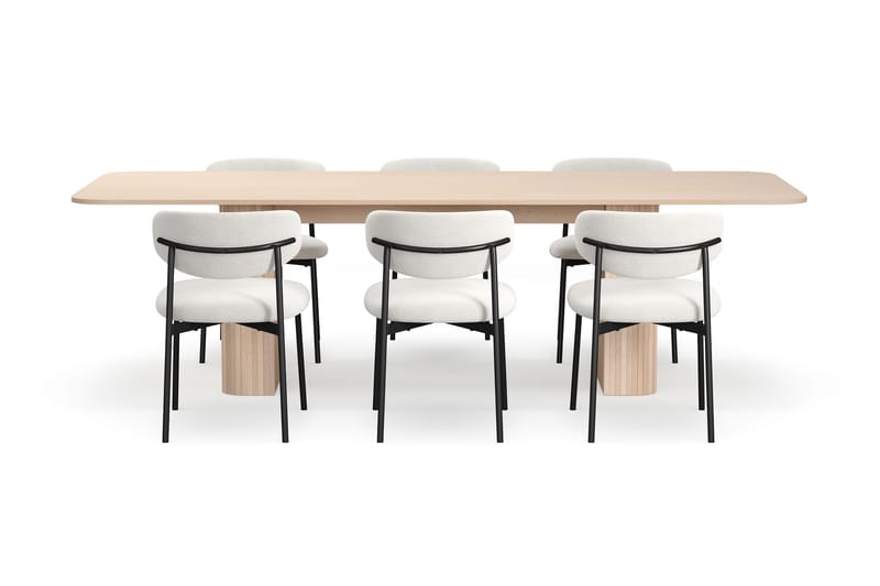 Kopparbo Spisebord 200-260 cm Udtræksbord med tillægsplade med 6 Lucy Spisestole - Hvid / Hvid Bouclé / Metalben Sort - Møbler - Borde - Spisebordssæt