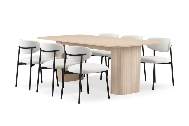 Kopparbo Spisebord 200-260 cm Udtræksbord med tillægsplade med 6 Lucy Spisestole, Hvid / Hvid Bouclé / Metalben Sort