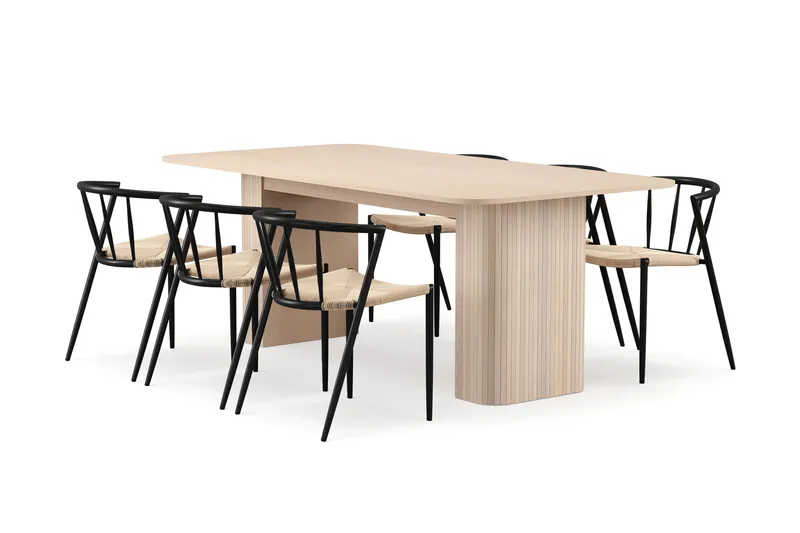 Kopparbo Spisebord 200-260 cm Udtræksbord med tillægsplade med 6 Winston Spisestole, Hvid / Beige / Metalben Sort