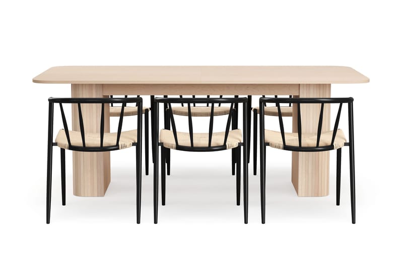 Kopparbo Spisebord 200-260 cm Udtræksbord med tillægsplade med 6 Winston Spisestole - Hvid / Beige / Metalben Sort - Møbler - Borde - Spisebordssæt