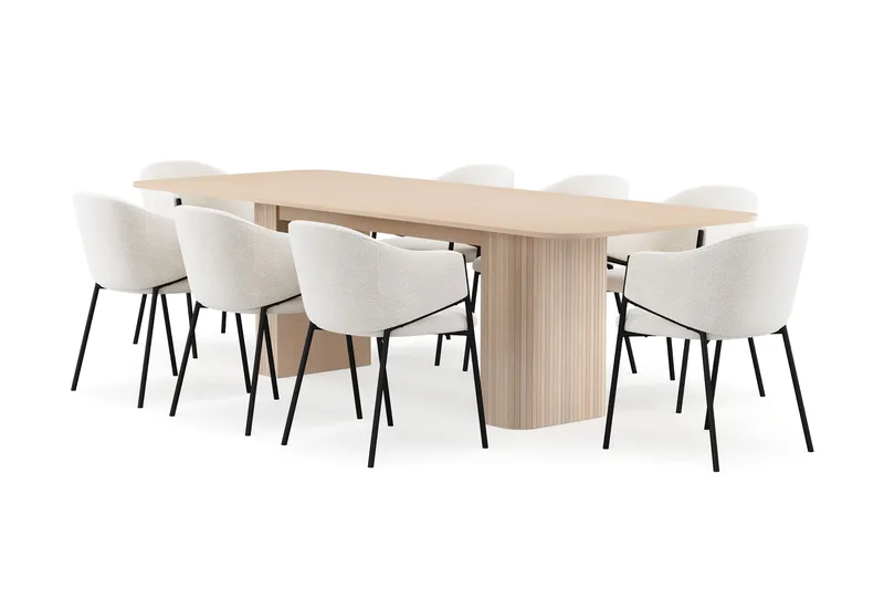 Kopparbo Spisebord 200-260 cm Udtræksbord med tillægsplade med 8 Filip Spisestole, Hvid / Hvid Bouclé