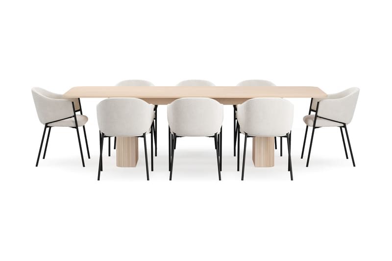 Kopparbo Spisebord 200-260 cm Udtræksbord med tillægsplade med 8 Filip Spisestole - Hvid / Hvid Bouclé - Møbler - Borde - Spisebordssæt