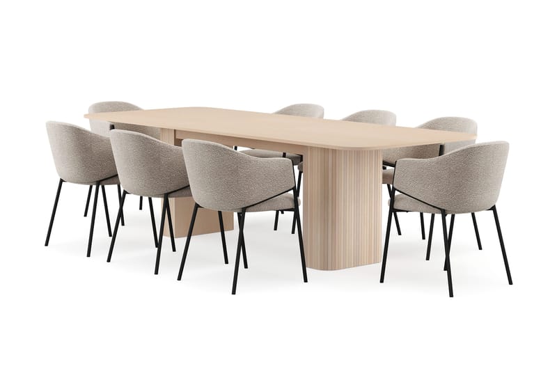 Kopparbo Spisebord 200-260 cm Udtræksbord med tillægsplade med 8 Filip Spisestole, Hvid / Taupe Bouclé