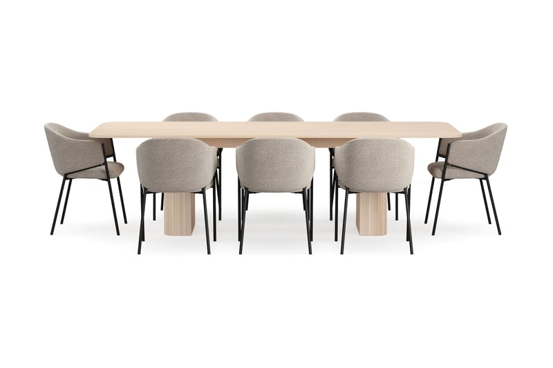 Kopparbo Spisebord 200-260 cm Udtræksbord med tillægsplade med 8 Filip Spisestole - Hvid / Taupe Bouclé - Møbler - Borde - Spisebordssæt