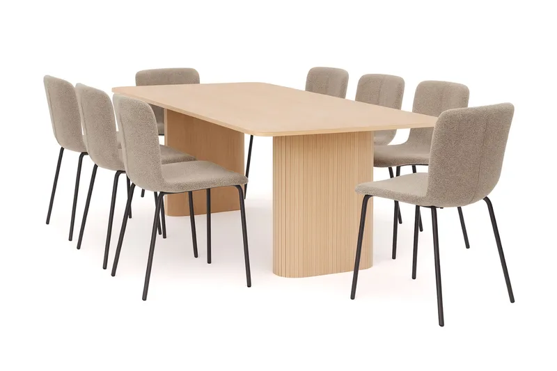 Kopparbo Spisebord 200-260 cm Udtræksbord med tillægsplade med 8 Katy Spisestole, Hvid / Greige Bouclé / Metalben Sort