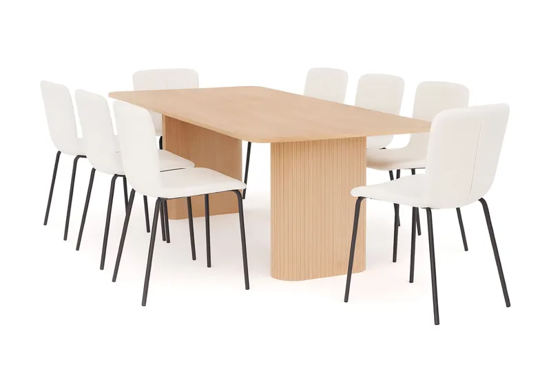 Kopparbo Spisebord 200-260 cm Udtræksbord med tillægsplade med 8 Katy Spisestole, Hvid / Hvid Bouclé / Metalben Sort