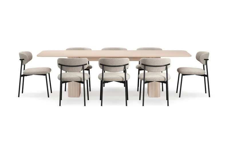 Kopparbo Spisebord 200-260 cm Udtræksbord med tillægsplade med 8 Lucy Spisestole - Hvid / Greige Bouclé / Metalben Sort - Møbler - Borde - Spisebordssæt