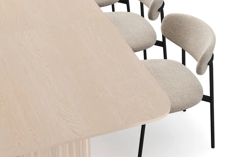 Kopparbo Spisebord 200-260 cm Udtræksbord med tillægsplade med 8 Lucy Spisestole - Hvid / Greige Bouclé / Metalben Sort - Møbler - Borde - Spisebordssæt